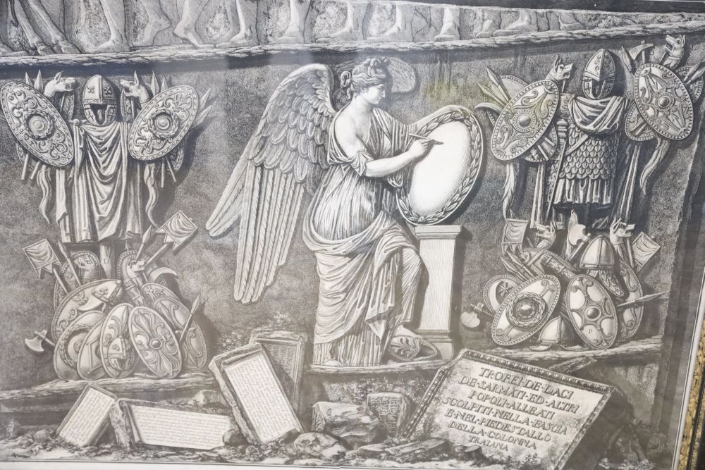 After Piranesi, engraving, Trofei De Daci, Angel with trophies, overall 59 x 84cm, and a Victorian steel engraving, Hennessy after St